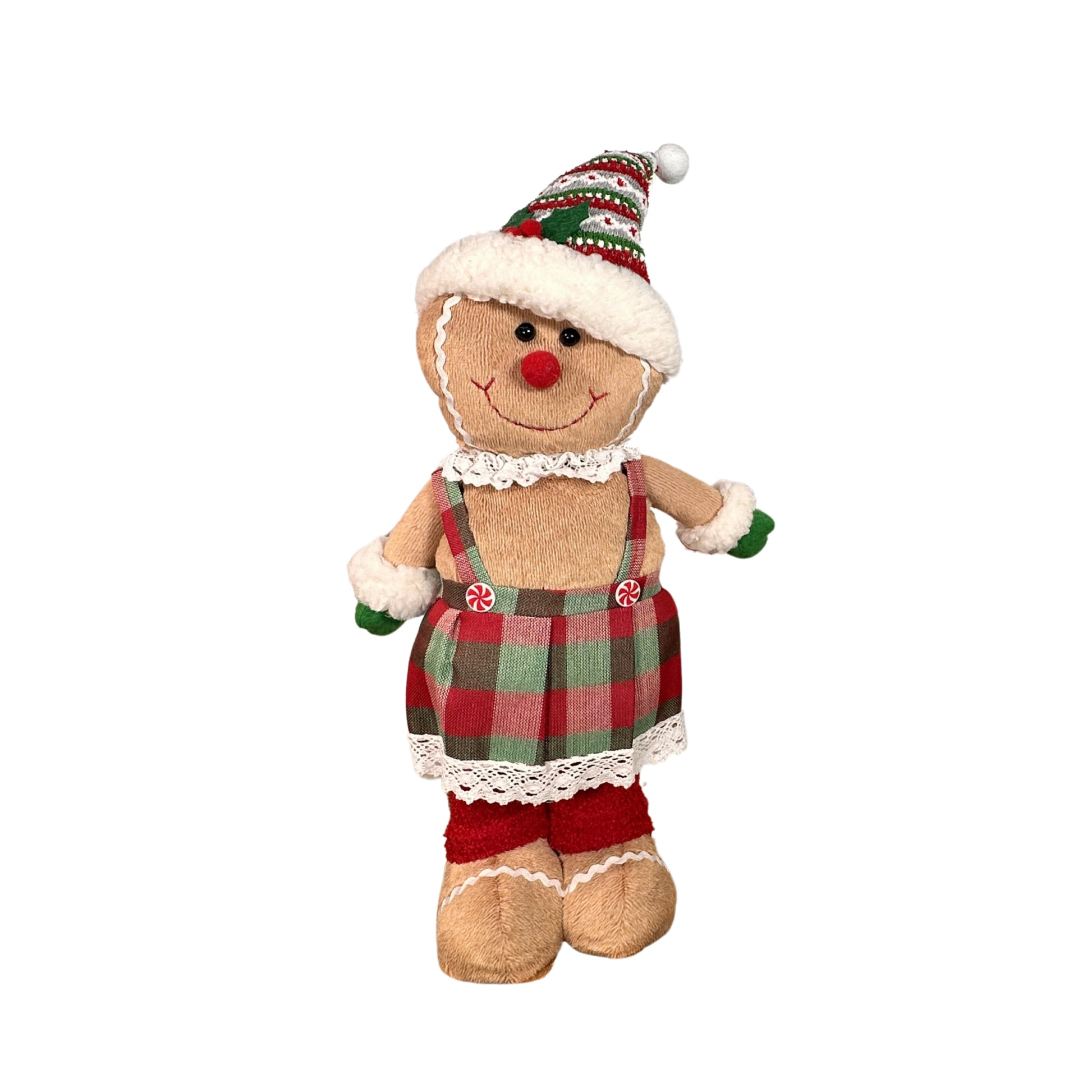 Gingerbread Boy and Girl Plush Set - 18" Baker Boy with Plaid Bottoms and Peppermint Buttons, 22" Girl in Plaid Dress with Adorable Pom Pom Beanie - Buttercup Lynne Boutique