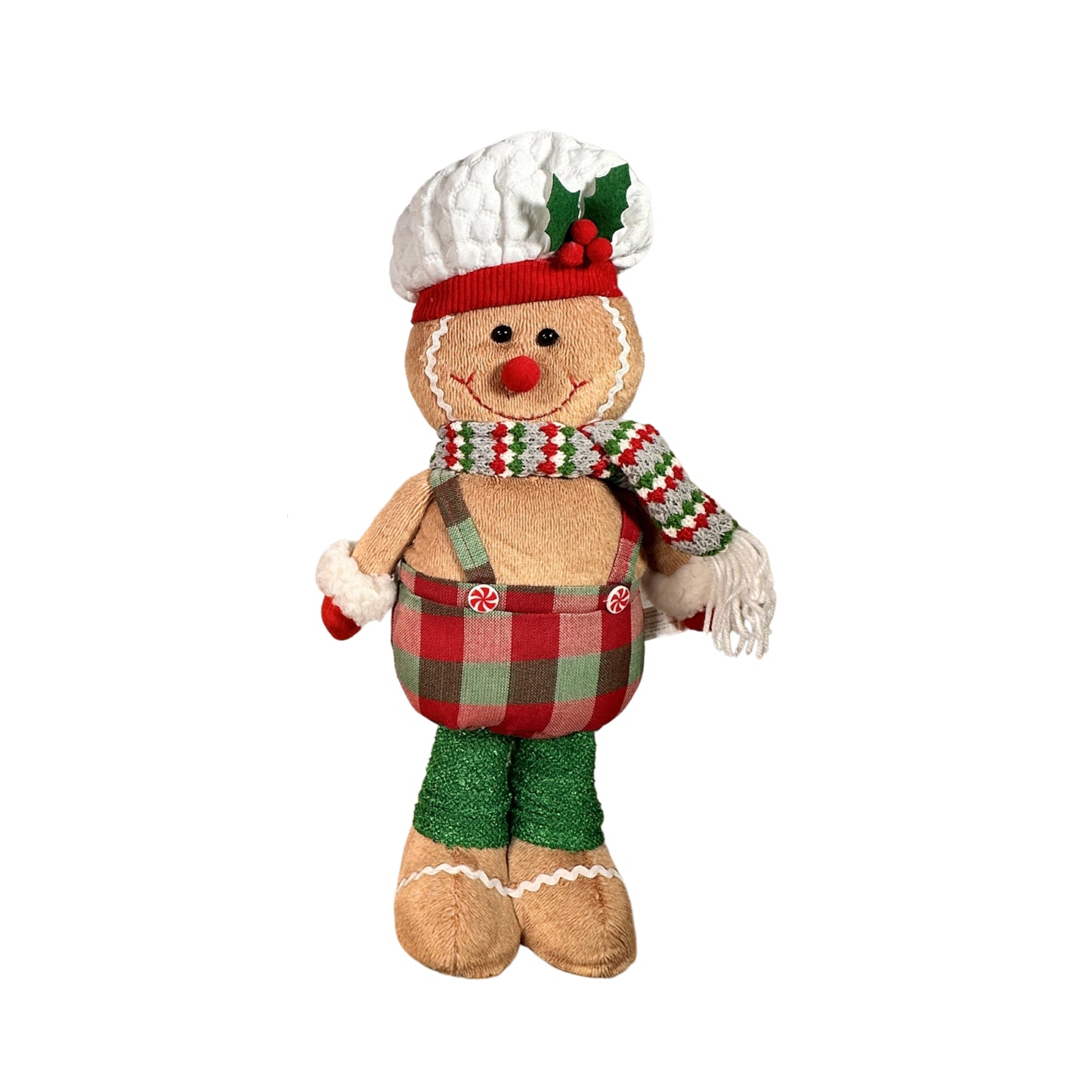 Gingerbread Boy and Girl Plush Set - 18" Baker Boy with Plaid Bottoms and Peppermint Buttons, 22" Girl in Plaid Dress with Adorable Pom Pom Beanie - Buttercup Lynne Boutique