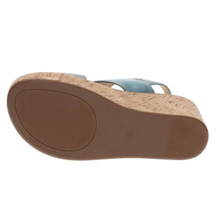 Corkys Darlin turquoise wedge sandals with cork sole bottom view