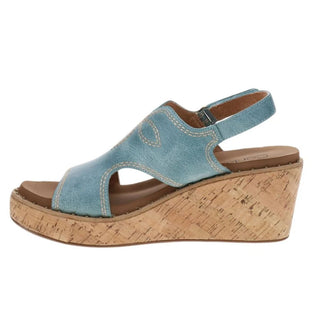 Corkys Darlin turquoise wedge sandal with cork platform and adjustable ankle strap