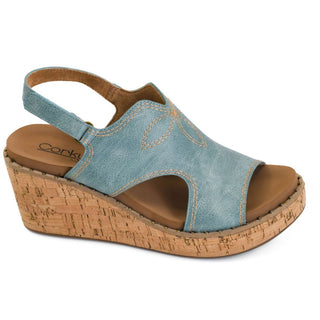 Corkys Darlin turquoise denim wedge sandal with cork sole and adjustable strap