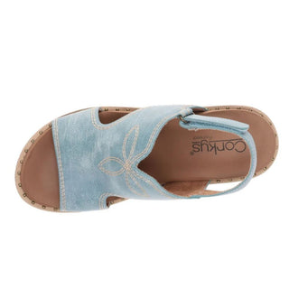 Corkys Darlin light blue denim sandal with butterfly embroidery and studded sole
