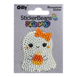 StickerBeans Squad Gilly rhinestone sticker featuring cute ghost with orange bow and candy corn