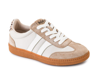 Corkys Heads Up sneaker in sand and white with gum sole and cheetah print heel detail
