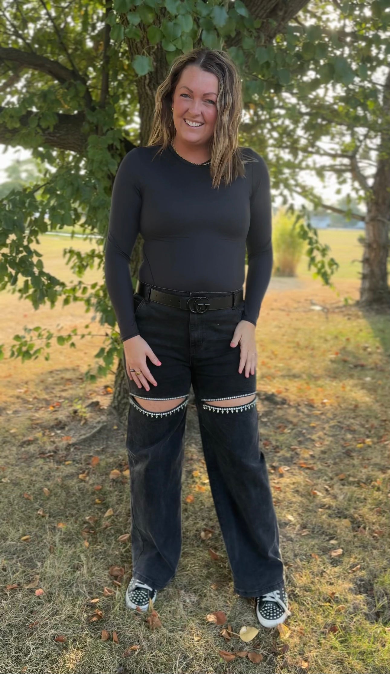 Shine Bright Cut Out Front Rhinestone Jeans - Buttercup Lynne Boutique