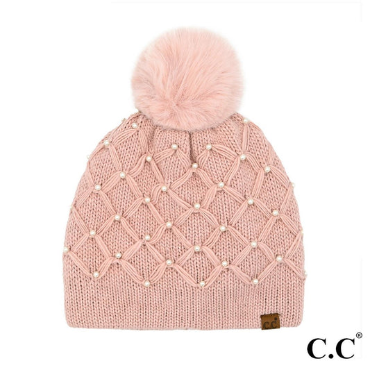 C.C - All Over Pearl Crochet Pom Beanie - Buttercup Lynne Boutique