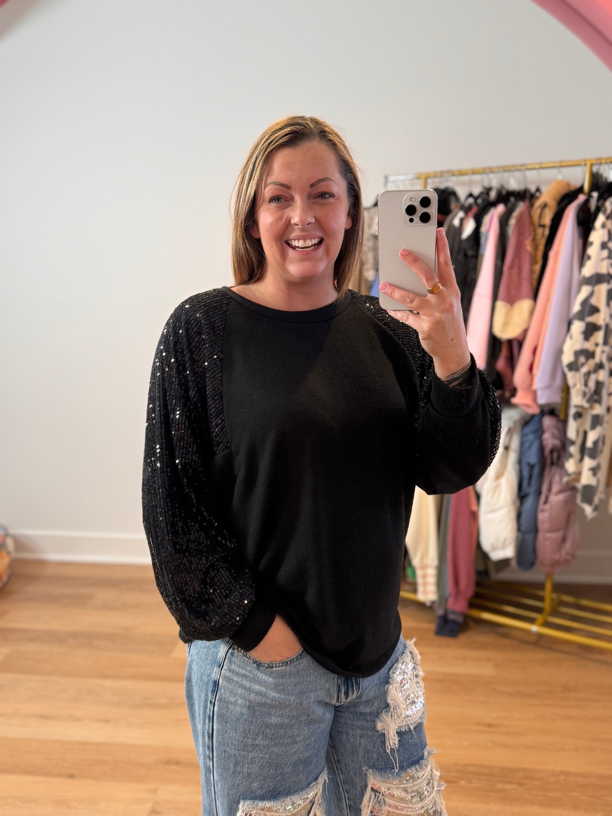Time To Shine Sequin Bishop Sleeve Top - Buttercup Lynne Boutique