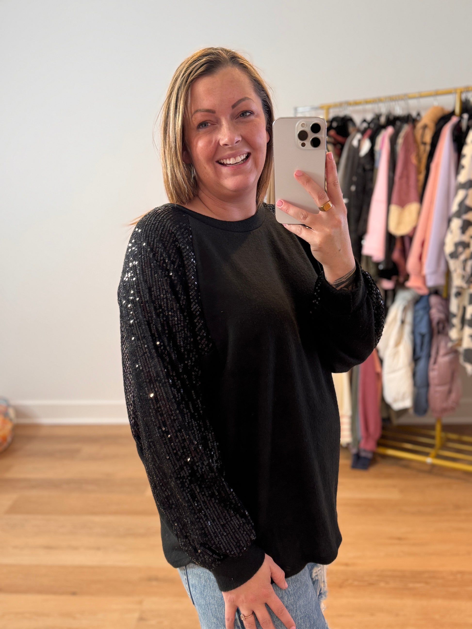Time To Shine Sequin Bishop Sleeve Top - Buttercup Lynne Boutique