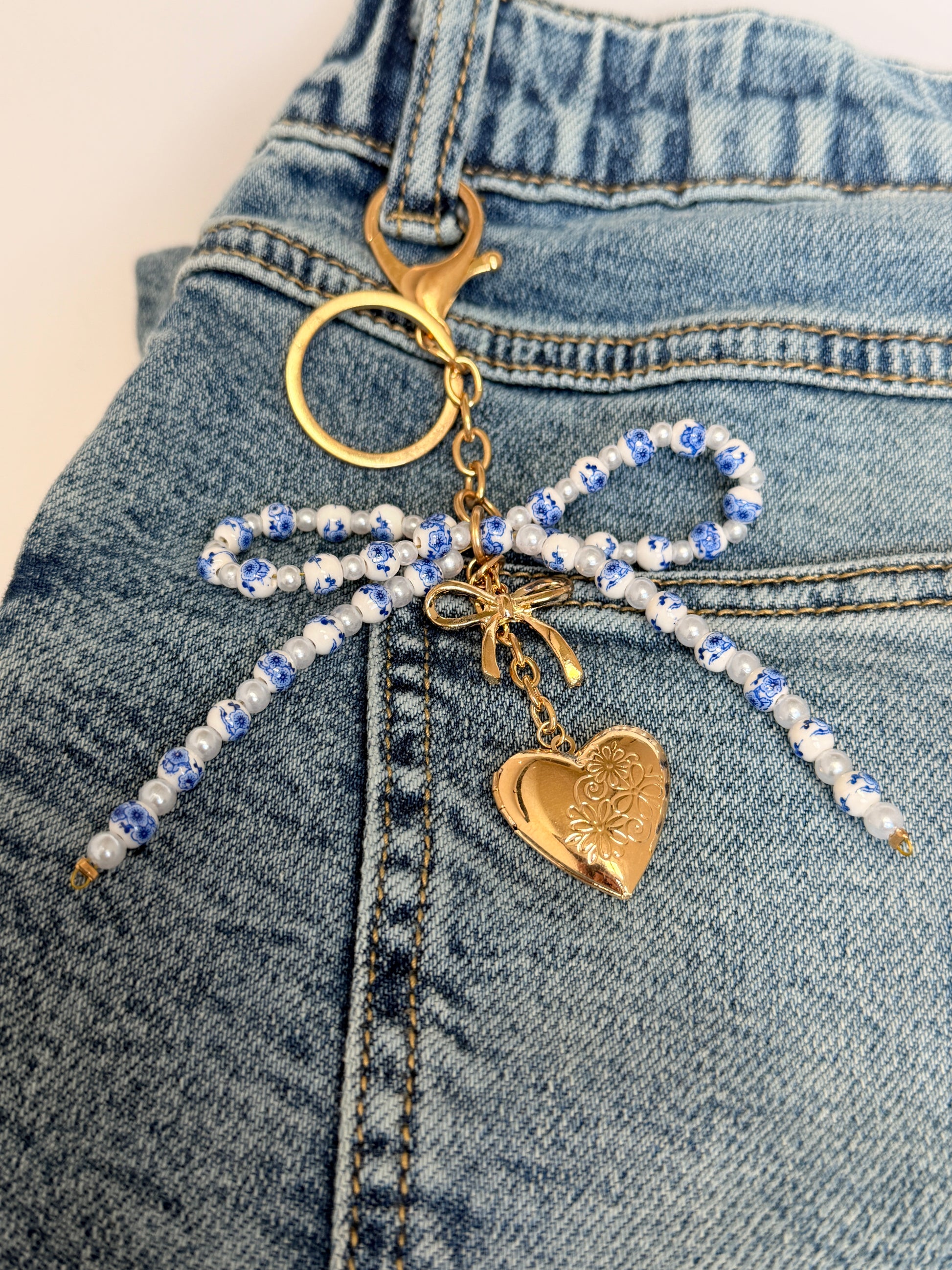 Ceramic Beaded Bow Locket Heart Keychain - Buttercup Lynne Boutique