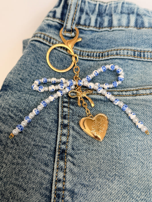 Ceramic Beaded Bow Locket Heart Keychain - Buttercup Lynne Boutique