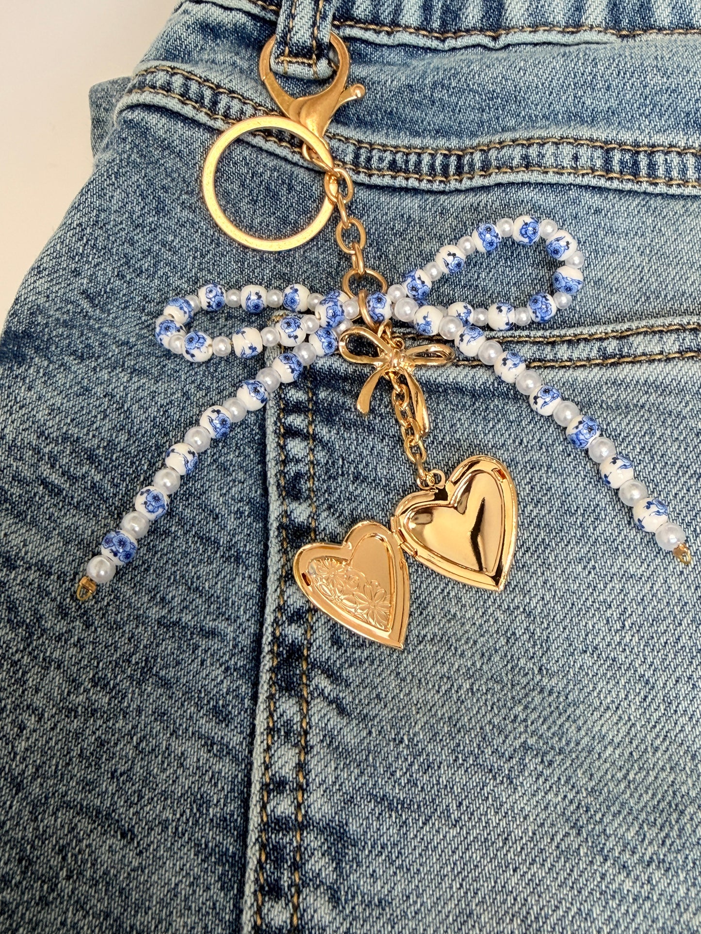 Ceramic Beaded Bow Locket Heart Keychain - Buttercup Lynne Boutique