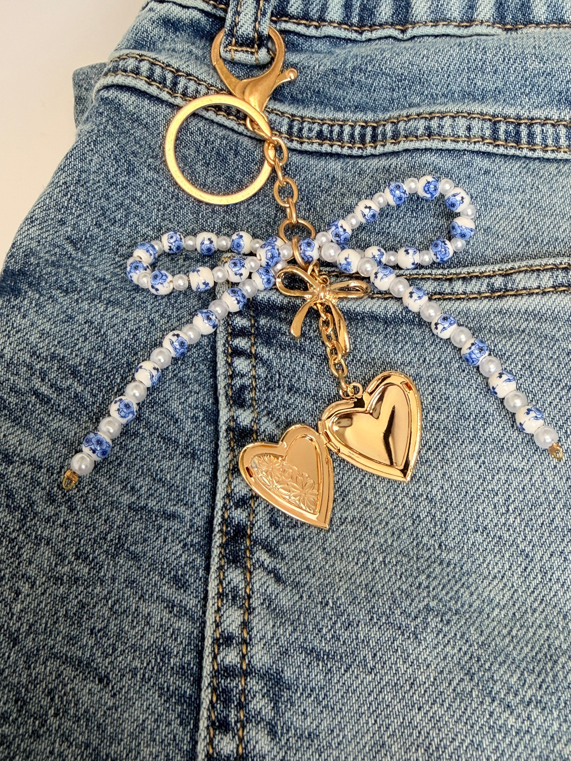 Ceramic Beaded Bow Locket Heart Keychain - Buttercup Lynne Boutique
