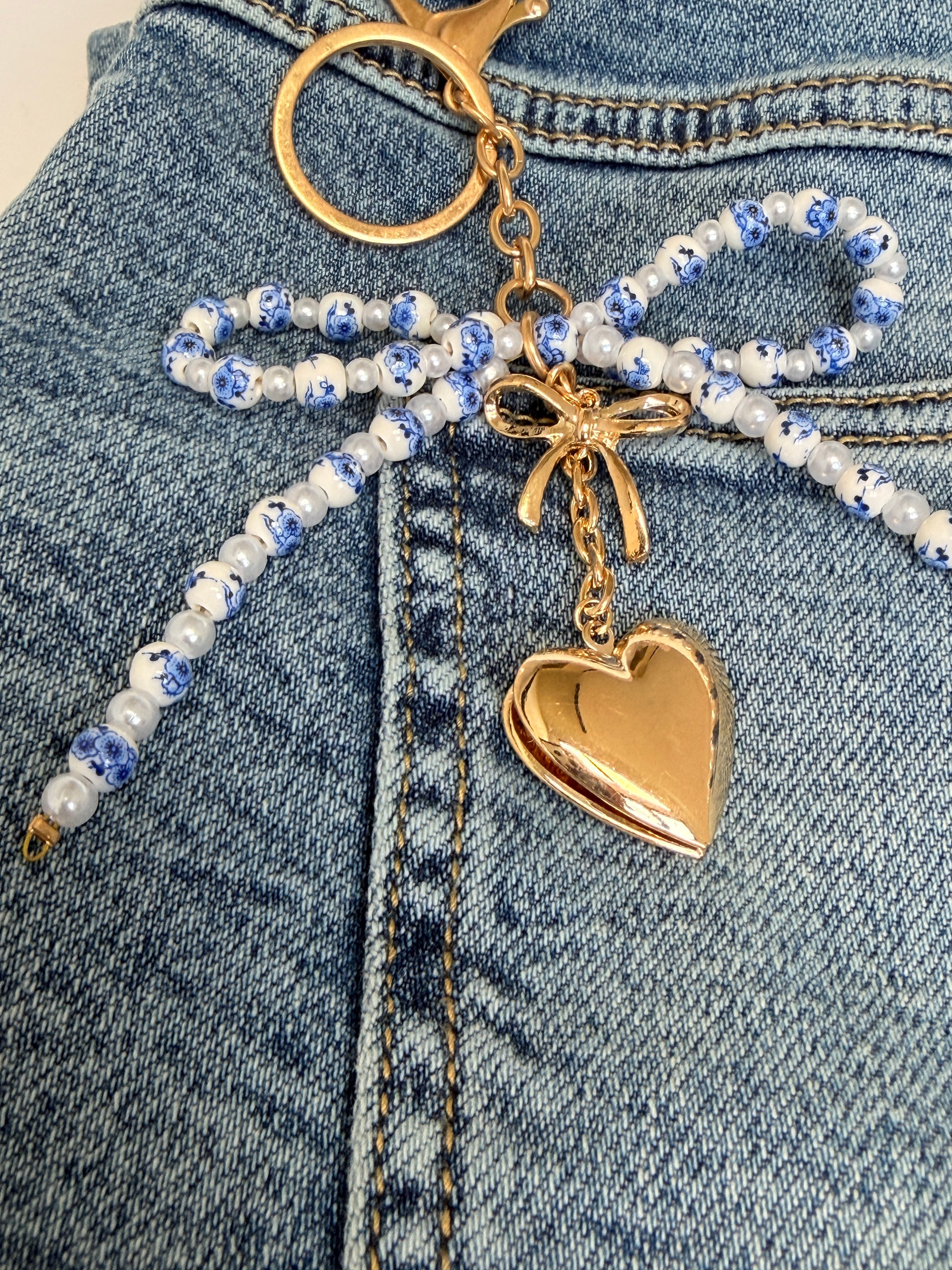 Ceramic Beaded Bow Locket Heart Keychain - Buttercup Lynne Boutique