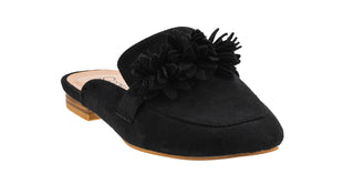 Corkys Just A Sip black suede mule flat with floral pom-pom embellishment