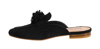 Corkys Just A Sip black suede mule flat with tassel bow detail