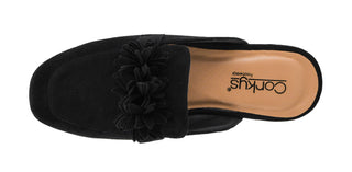 Corkys Just A Sip black suede mule with floral embellishment, top view
