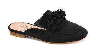 Corkys Just A Sip black suede mule flat with floral embellishment detail