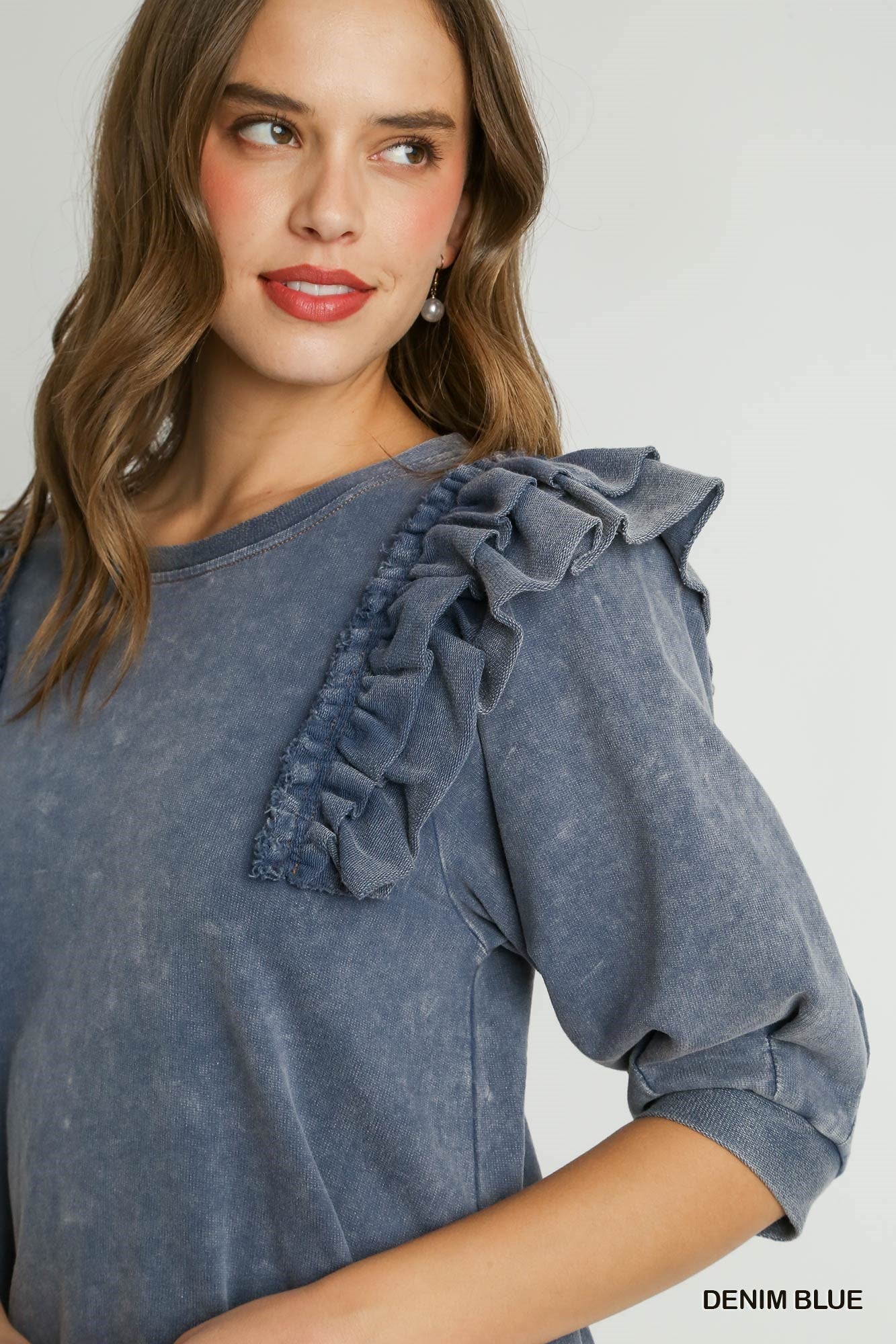Mineral Wash French Terry Top 3/4 Sleeves Double Ruffle - Regular and Plus - Buttercup Lynne Boutique