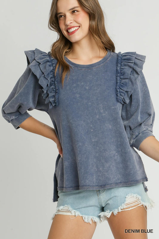 Mineral Wash French Terry Top 3/4 Sleeves Double Ruffle - Regular and Plus - Buttercup Lynne Boutique