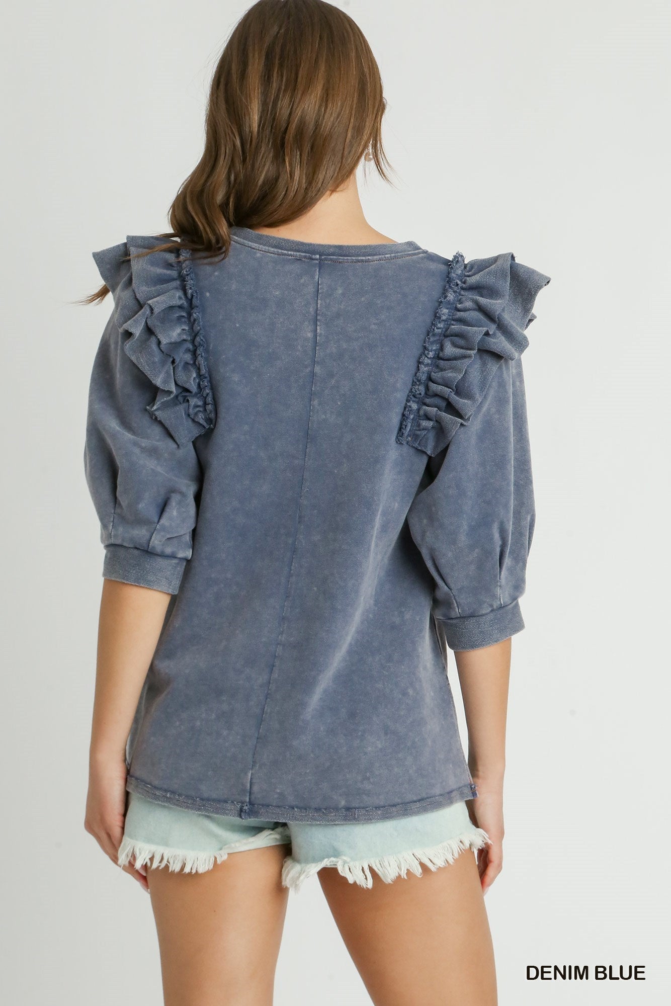 Mineral Wash French Terry Top 3/4 Sleeves Double Ruffle - Regular and Plus - Buttercup Lynne Boutique