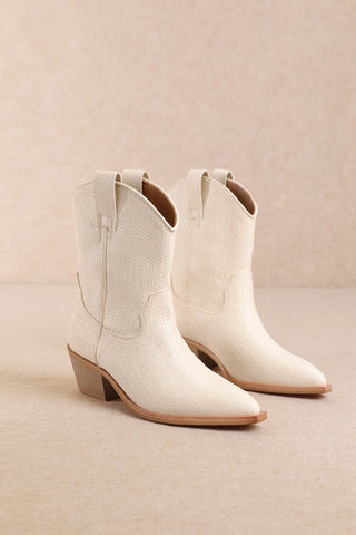 Karlie cream woven western ankle booties with stacked heel and pointed toe