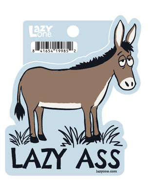 LazyOne Lazy Ass sticker featuring a cartoon donkey on light blue background