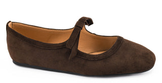 Brown suede Mary Jane flat with bow strap detail and cushioned insole