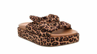 Corkys Lil Bit Knotty leopard print platform slide sandals with bow knot straps