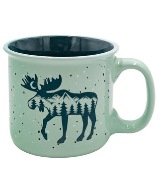 Lazyone Mtn. Moose Mug in mint green with dark moose silhouette featuring mountain forest scene