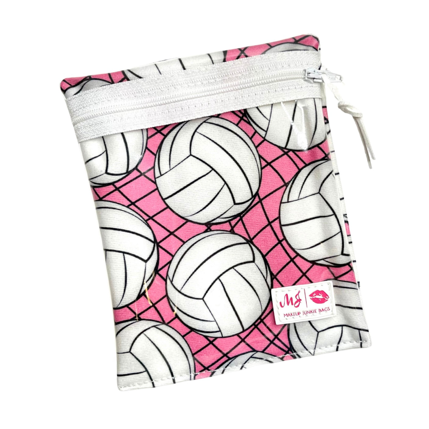 Makeup bag with volleyball pattern on a pink background