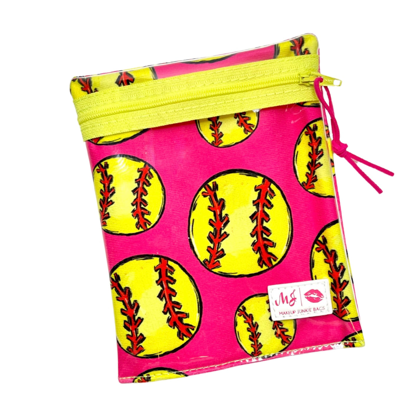 Drawstring bag with softball pattern on a pink background