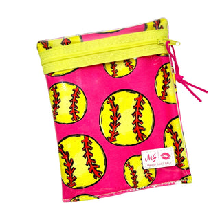 Drawstring bag with softball pattern on a pink background
