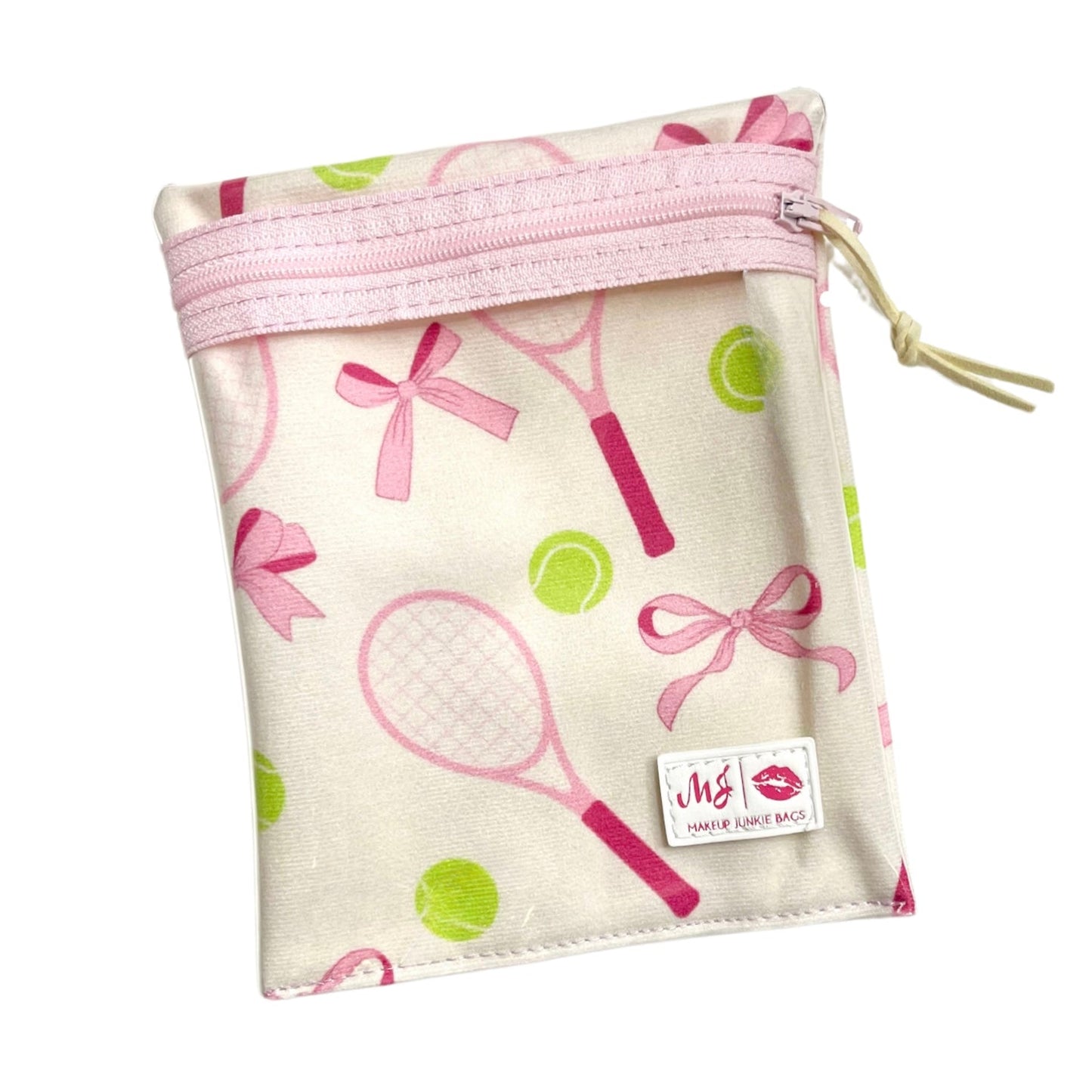 Fabric pouch with tennis racket and bow pattern on a white background