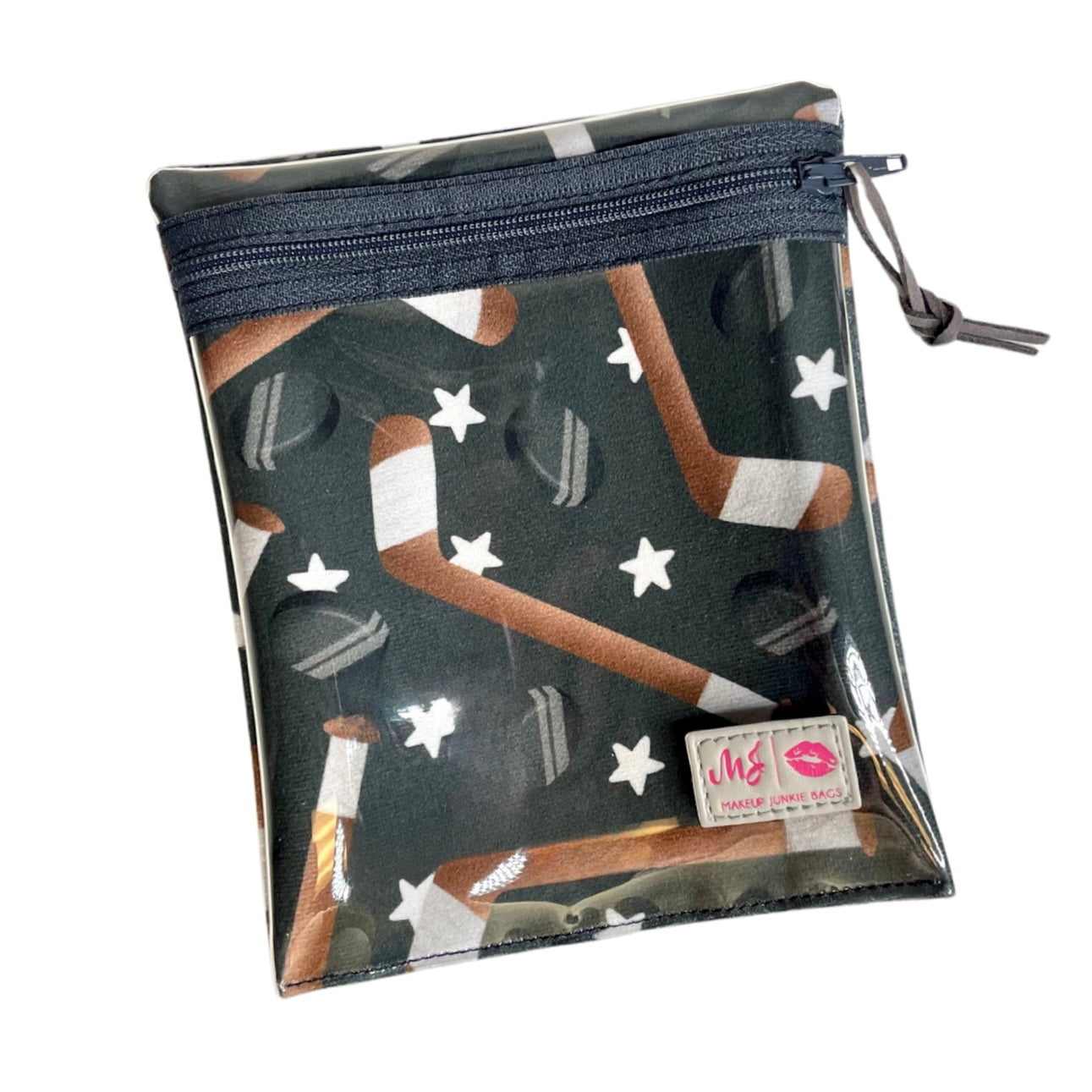 Clear pouch with sports-themed design featuring bats and helmets, branded 'MJS'.