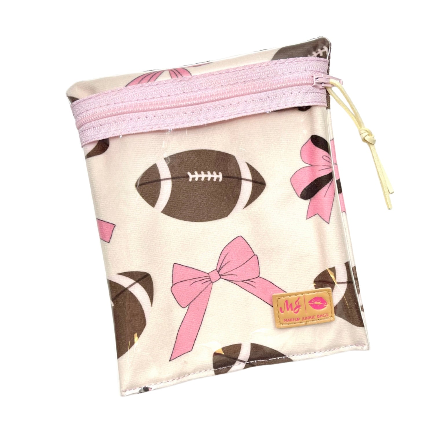 Fabric pouch with football and bow pattern on a white background