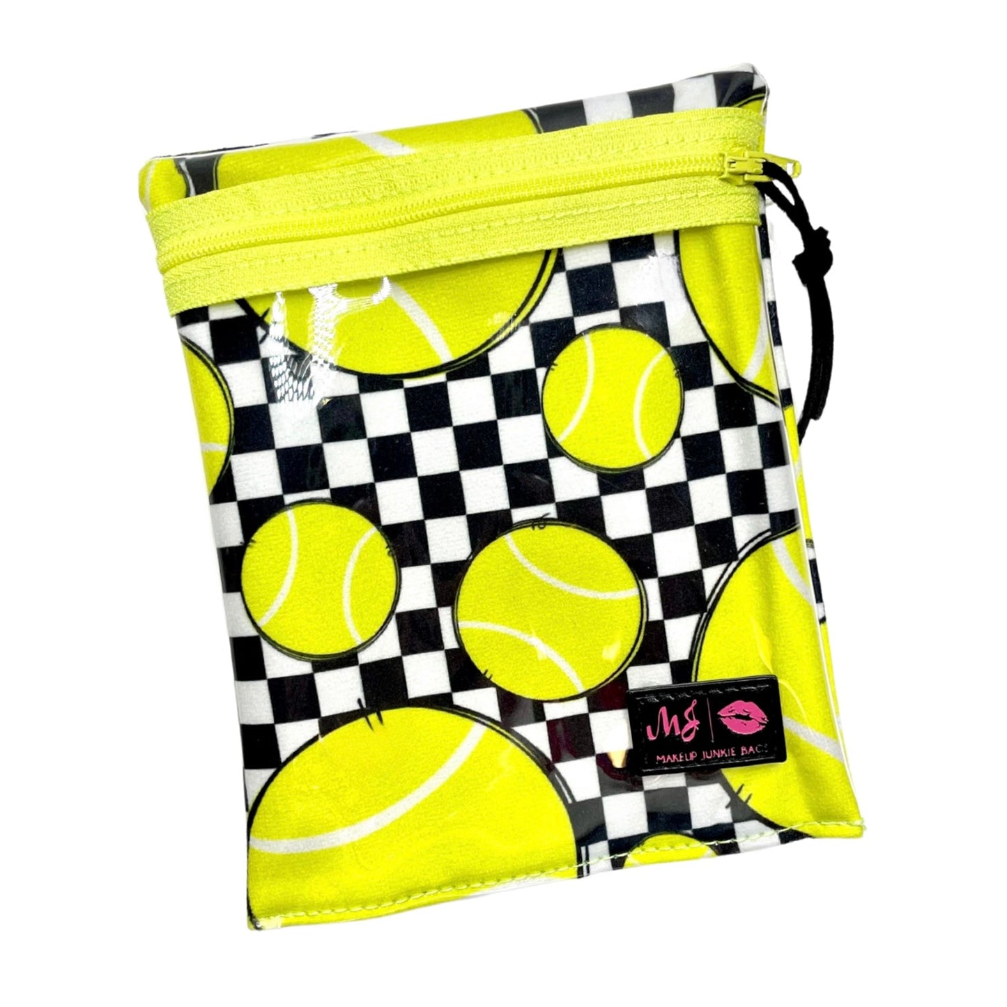Drawstring bag with tennis ball pattern and checkered design on a white background