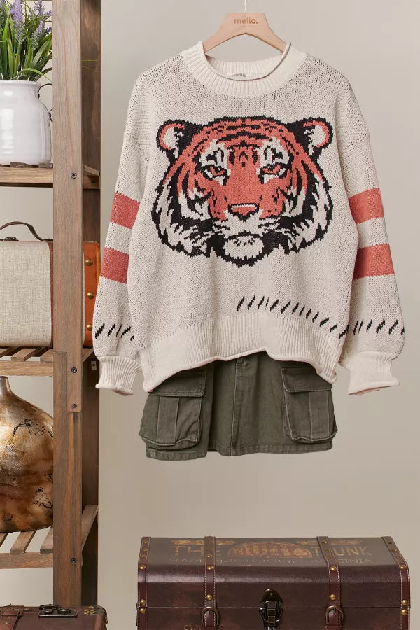 Mello Bold Tiger Knit Sweater – Cream & Coral