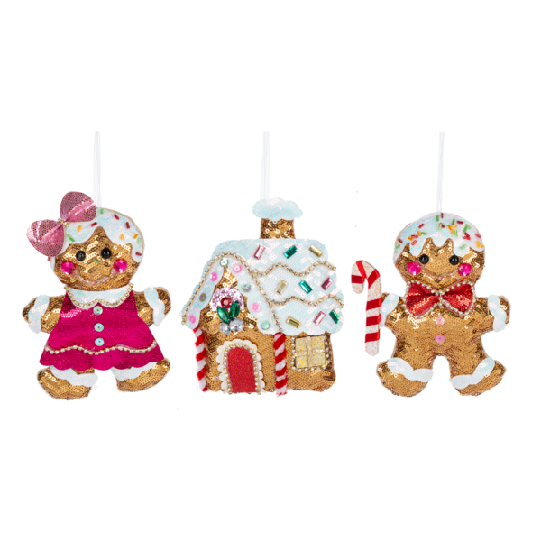 ganz Set of three Christmas ornaments shaped like gingerbread people and a house on a white background