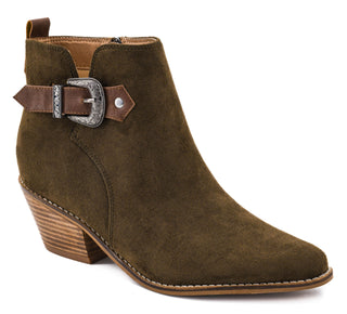 Olive green suede ankle bootie with western buckle strap and stacked block heel