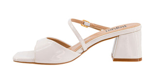 Corkys Ooh La La ivory patent block heel sandal with square toe and gold buckle strap across foot
