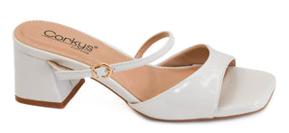Corkys Ooh La La white patent block heel sandal with square toe and glossy finish