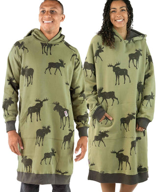 Man and woman wearing matching olive green Lazyone Sleep Hoodies with moose print pattern