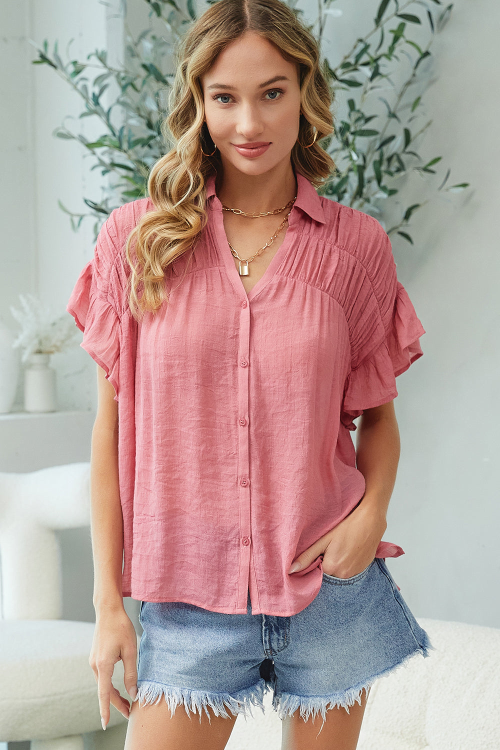 Short Ruffle Sleeve Shirt - Rose - Buttercup Lynne Boutique