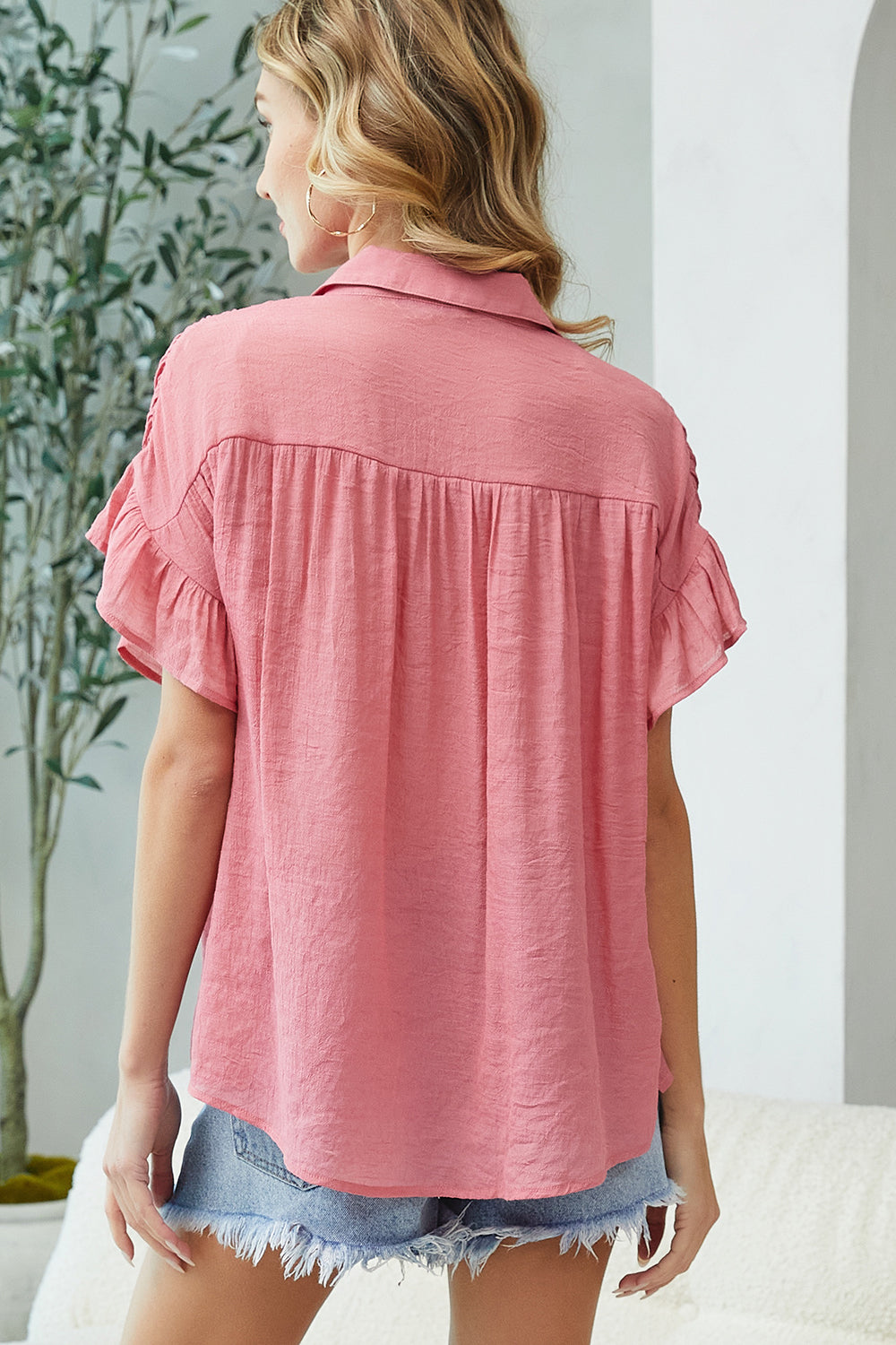 Short Ruffle Sleeve Shirt - Rose - Buttercup Lynne Boutique