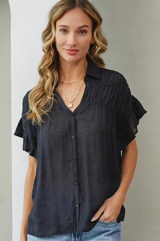 Short Ruffle Sleeve Shirt - Black - Buttercup Lynne Boutique