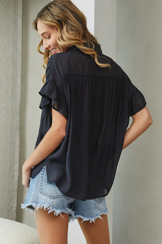 Short Ruffle Sleeve Shirt - Black - Buttercup Lynne Boutique