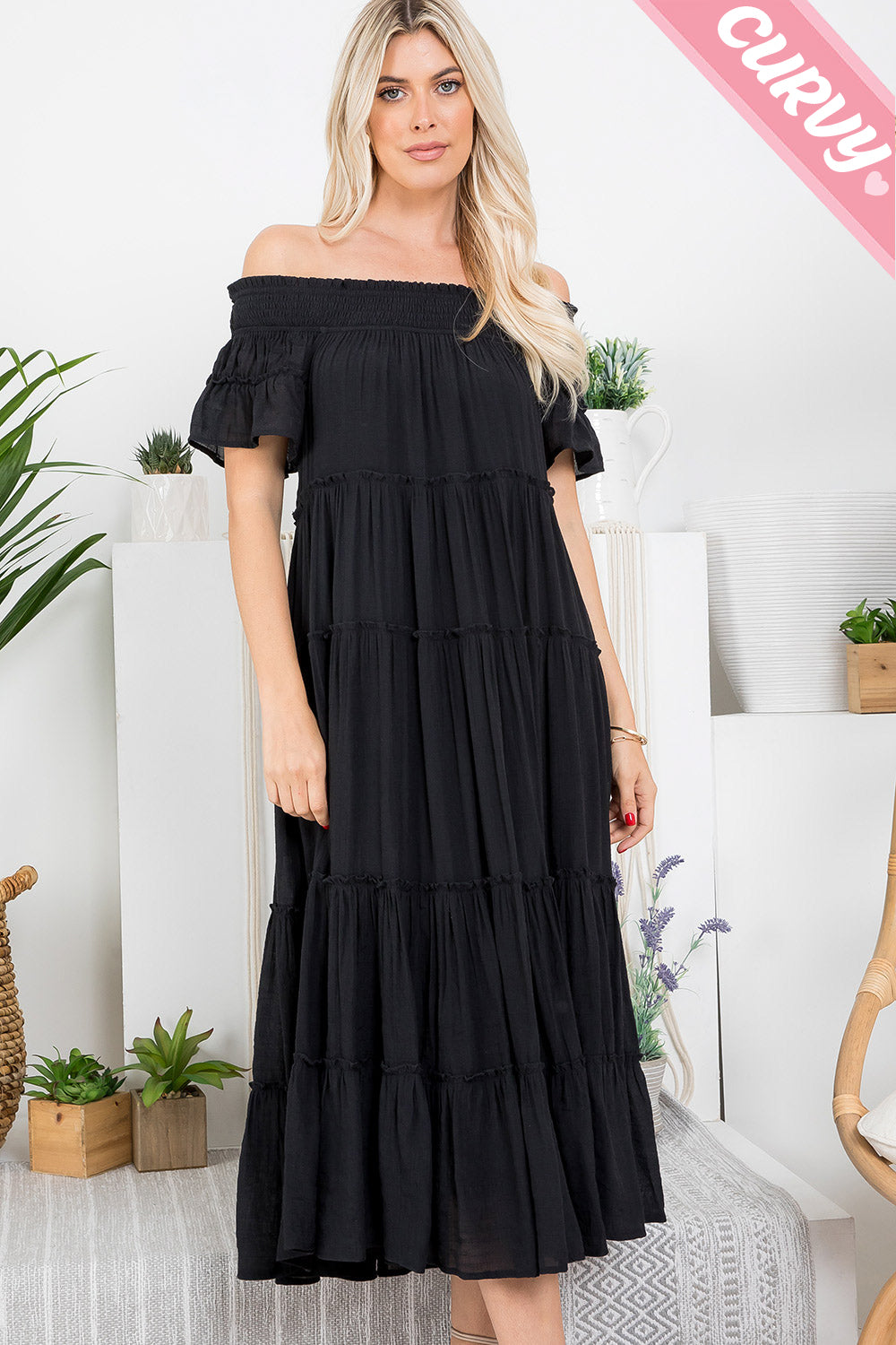 Smocked Tiered Midi Dress - Plus - Buttercup Lynne Boutique