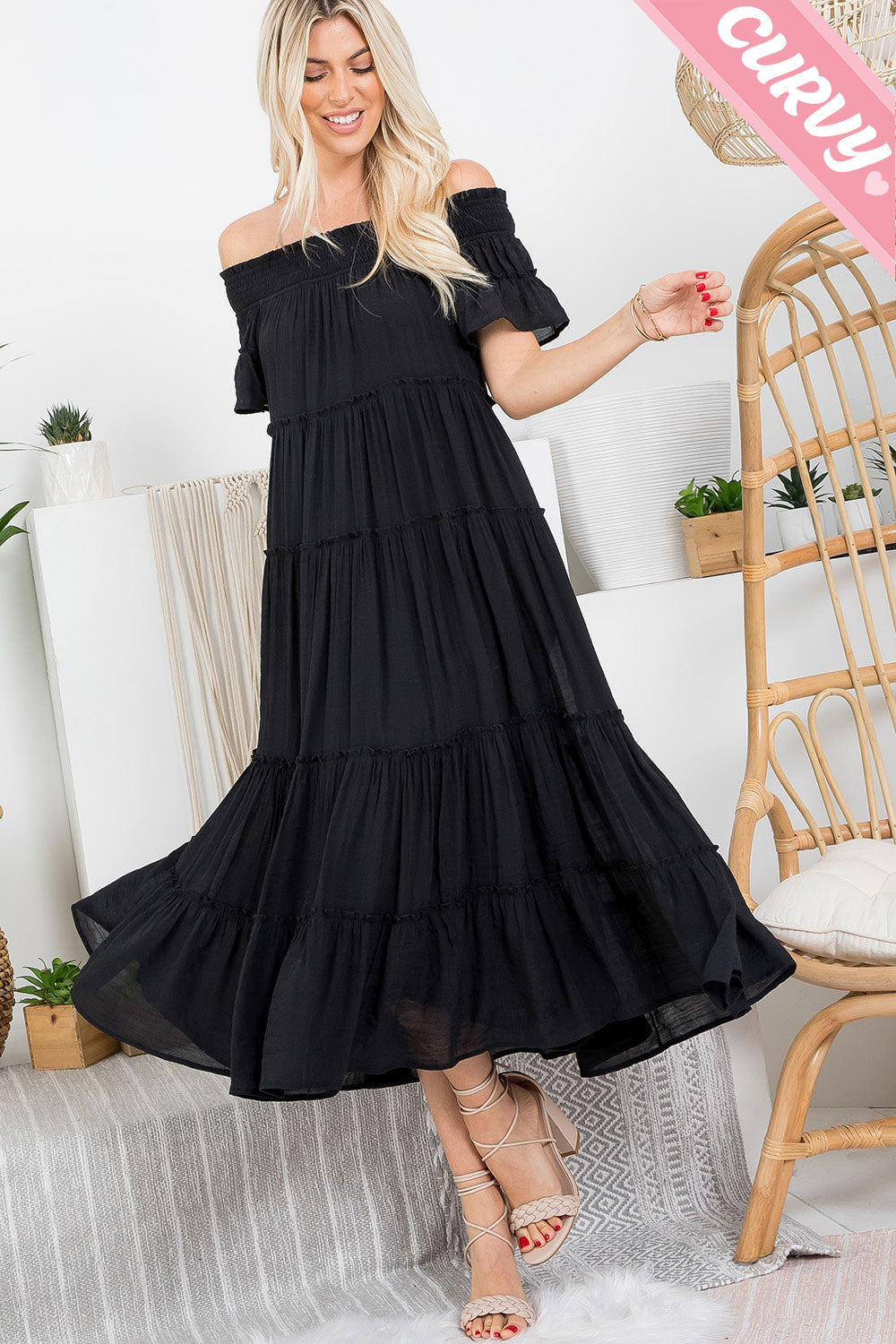 Smocked Tiered Midi Dress - Plus - Buttercup Lynne Boutique