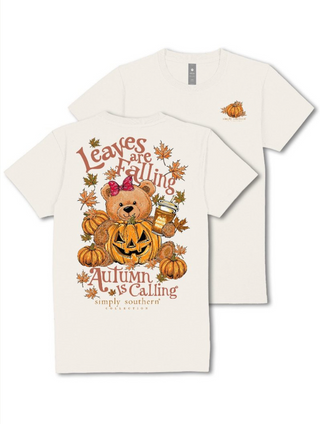 White Simply Southern fall tee with bear, pumpkins, and autumn leaves graphic