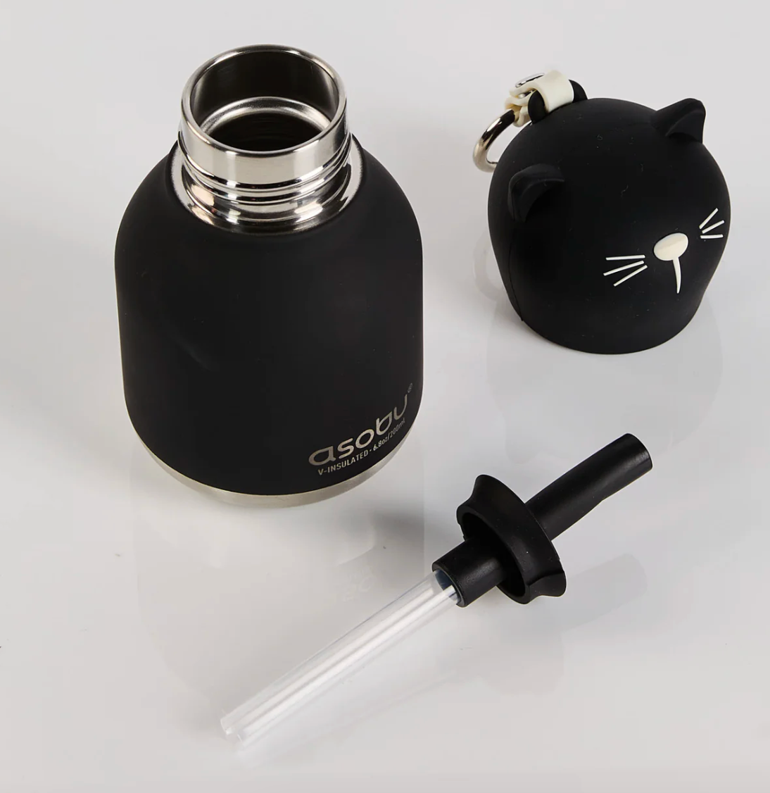 Asobu Mini Bestie Black Cat insulated water bottle with cat face cap and straw